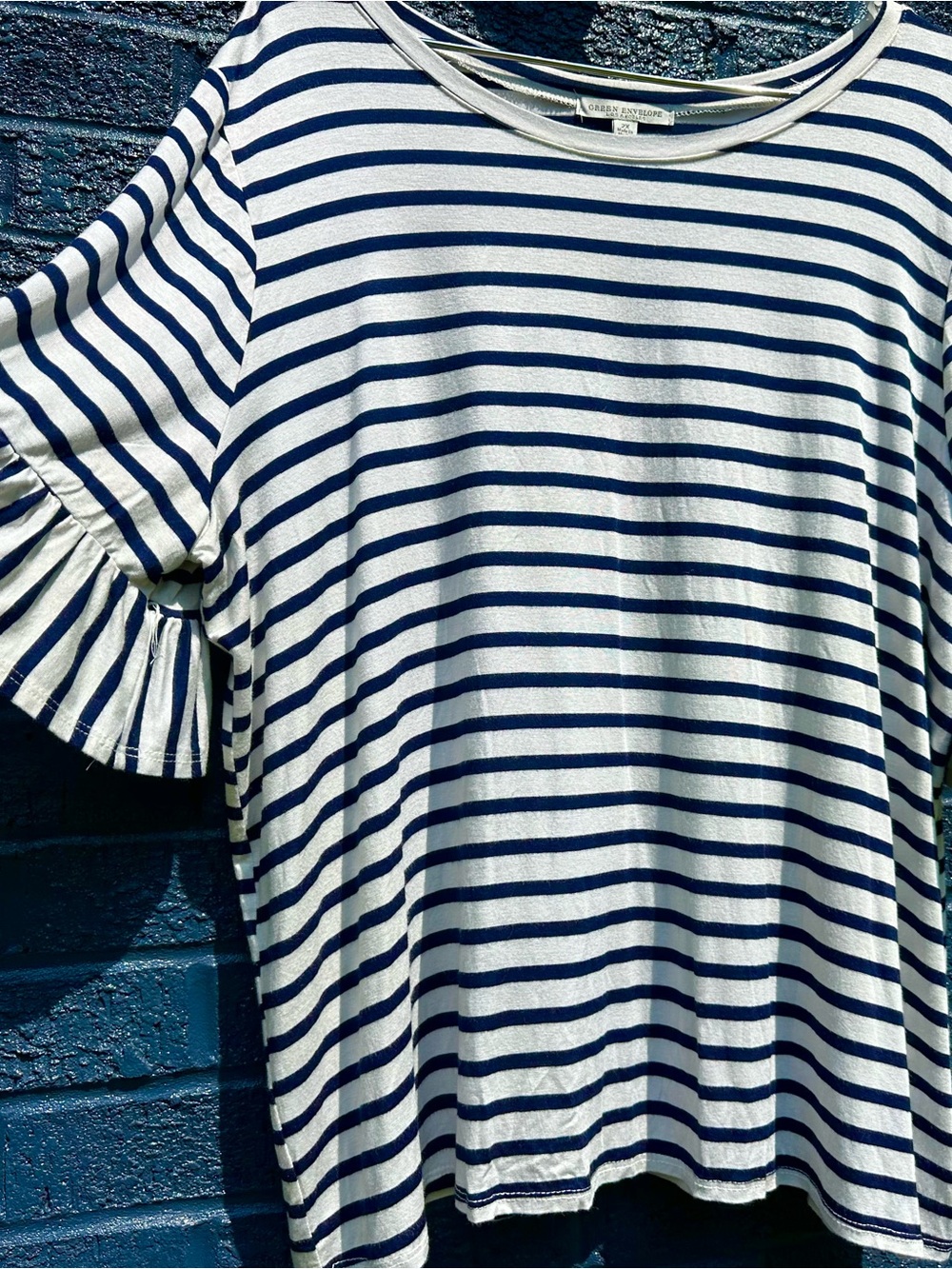 2XL Green Envelope Navy and White Striped Ruffle-Sleeve Tee
